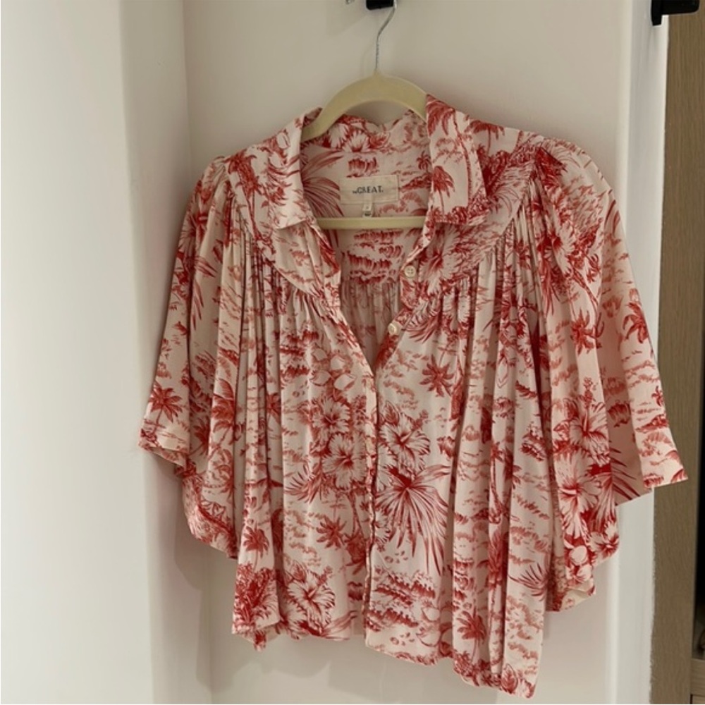 THE GREAT. Red and White Floral Blouse